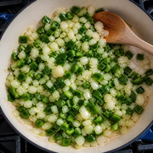 Onion and poblano cooking in olive oil in a skillet