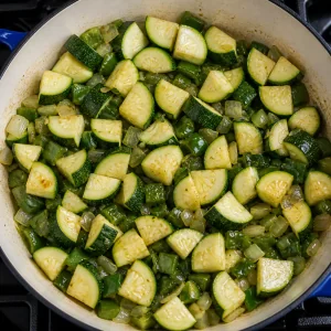 Zucchini pieces spread in the skillet with onion and poblano