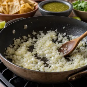 Chopped white onion softening in oil in a wide skillet