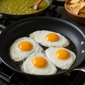 Four eggs frying with set whites and runny yolks