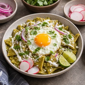 Garnished chilaquiles verdes with crema, cheese, onion, cilantro, radishes, and lime