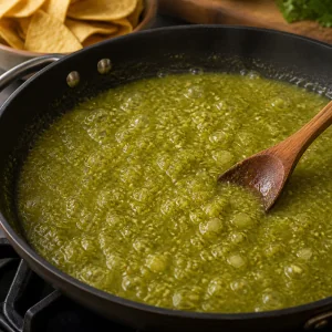 Green tomatillo salsa simmering in a skillet