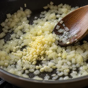 Minced garlic added to softened onion in a skillet