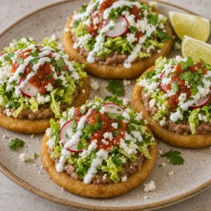 Sopes being topped with beans and fresh garnishes