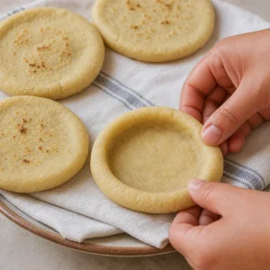 Warm masa cake pinched into a shallow rim