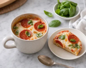 Finished mug pizza garnished with fresh basil and ready to eat