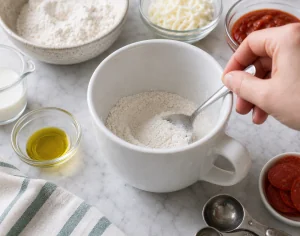 Flour, baking powder, and salt stirred together in a mug