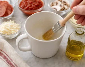 Microwave-safe mug greased with olive oil for the pizza crust