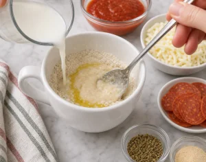 Milk and olive oil mixed into a thick mug pizza batter