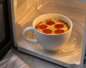 Mug pizza microwaved until the cheese is melted and bubbling