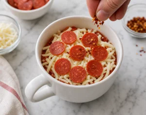 Mug pizza topped with mozzarella, pepperoni, and red pepper flakes