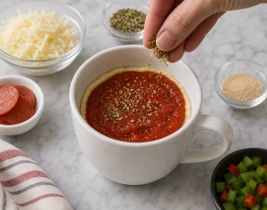 Pizza sauce spread over the batter with oregano and garlic powder