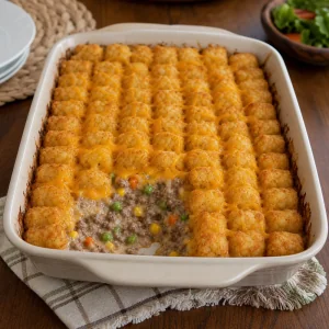 Fertiger Tater-Tot-Hotdish mit Cheddar und cremiger Rinder-Gemuese-Fuellung