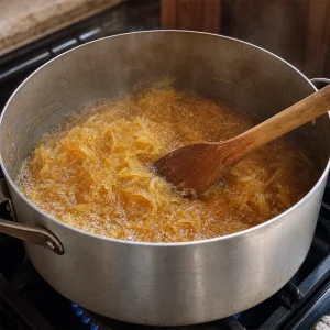 Miel de chiverre cozinhando suavemente em fogo baixo enquanto e mexido com colher de pau.