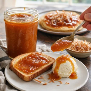 Miel de chiverre pronto servido em torrada e sorvete com coco tostado.