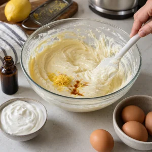 Massa de cheesecake com creme azedo, baunilha, raspas de limão e ovos.