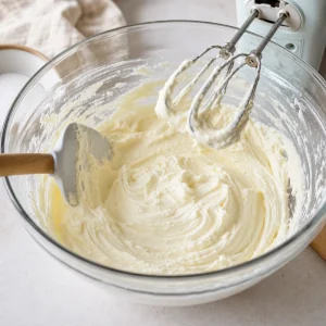 Cream cheese e açúcar batidos até formar um recheio liso.