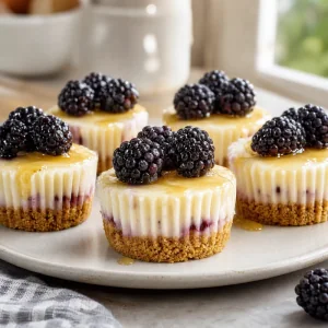 Mini-Brombeer-Cheesecakes mit buttrigem Keksboden und Honig.