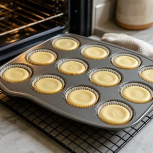 Mini cheesecakes assados até firmar, com topo claro na forma.
