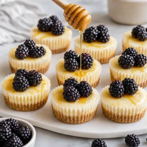 Mini cheesecakes cobertos com amoras frescas e um fio leve de mel.