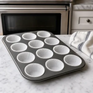 Forma de muffins com forminhas de papel para mini cheesecakes de amora.