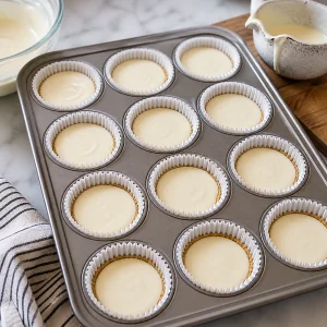 Forminhas de papel preenchidas até três quartos com massa de cheesecake.