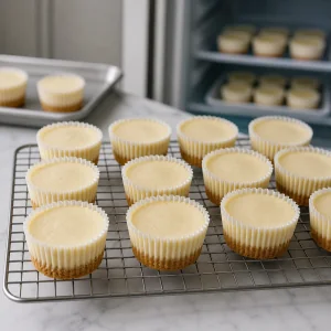 Mini cheesecakes simples esfriando antes de ir à geladeira.