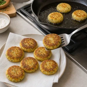 Cooked potato cakes draining on paper towels while another batch fries