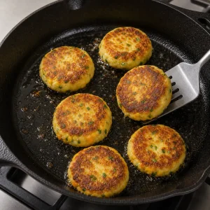 Crisp potato cakes being flipped with a spatula in a skillet