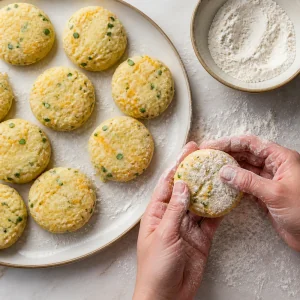 Flour-dusted potato patties being shaped by hand