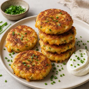 Bolinhos dourados de batata com cheddar e cebolinha servidos com creme azedo