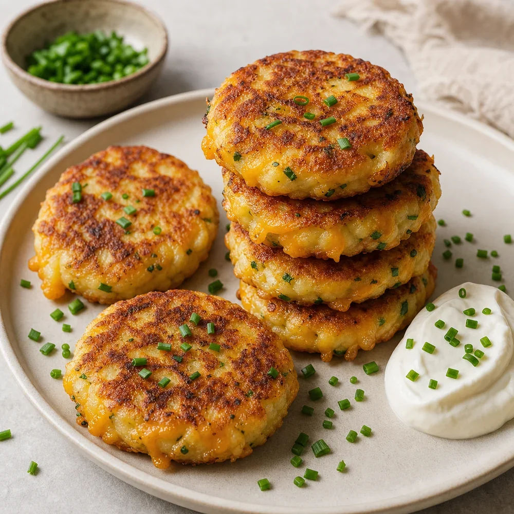 Golden mini cheddar and chive potato cakes served with sour cream