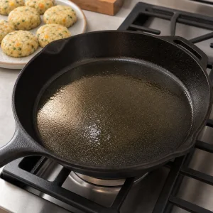 Oil heating in a skillet with uncooked potato patties nearby