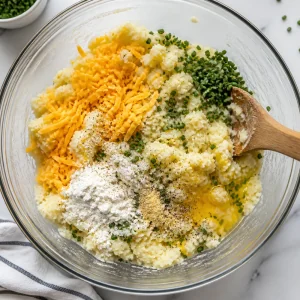 Potato cake mixture with cheddar, chives, egg, flour, and seasonings in a bowl
