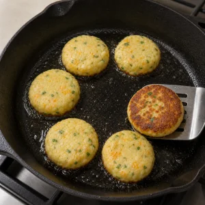 Potato cakes frying with one lifted to show a golden brown underside