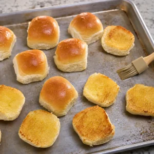 Buttered slider rolls toasted on a baking sheet