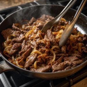 Caramelized onions tossed with browned steak