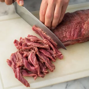 Thin steak sliced across the grain into strips