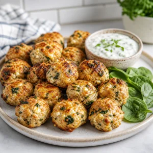 Baked Greek chicken and feta power bites resting before serving