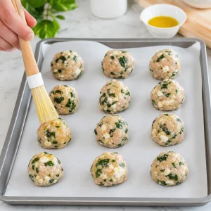 Formed chicken and feta bites brushed with olive oil on parchment
