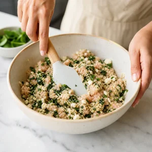 Greek chicken and feta mixture gently folded together in a bowl