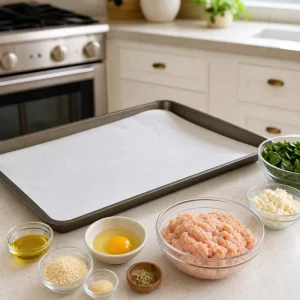 Parchment-lined baking sheet ready for Greek chicken and feta bites