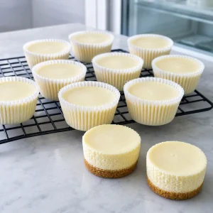 Chilled mini cheesecakes removed from their paper liners