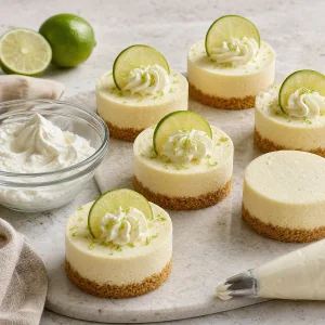 Mini cheesecakes decorated with whipped cream and lime