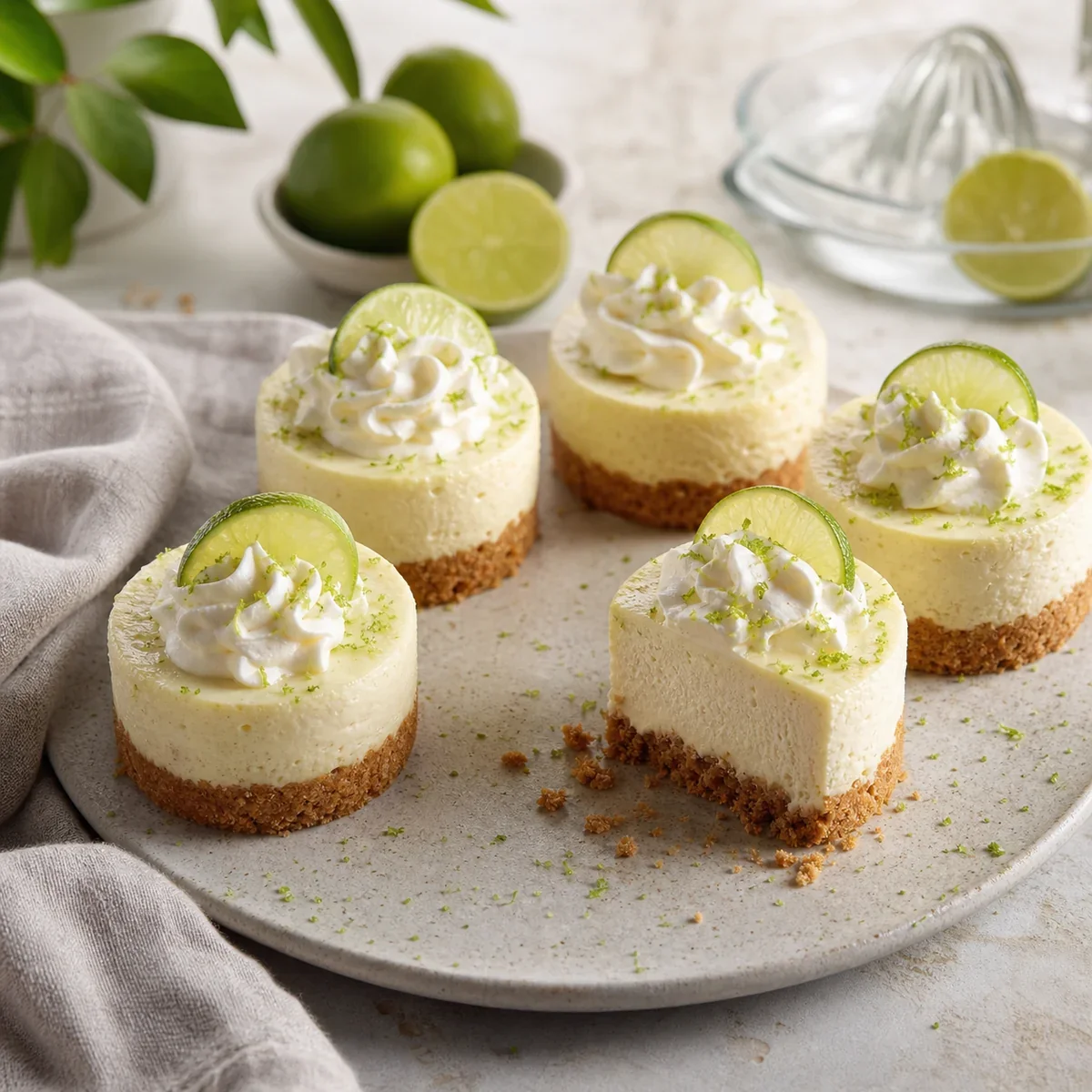 Mini key lime cheesecakes with whipped cream and lime slices