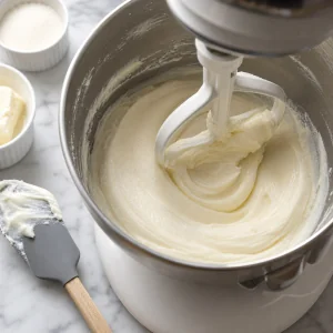 Smooth cream cheese and sugar mixture in a mixer bowl