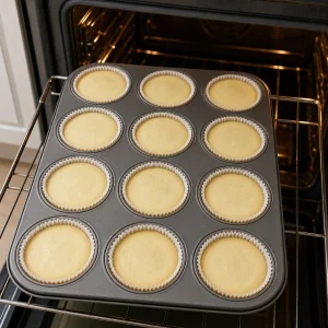 Twelve baked mini cheesecakes cooling in the oven