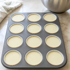 Twelve liners filled with key lime cheesecake batter
