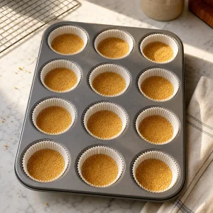 Twelve prebaked graham cracker crusts in muffin liners
