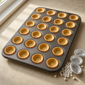 Gusci dorati delle mini tartellette in raffreddamento